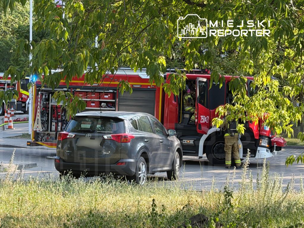 Czarny samochód osobowy stoi na poboczu, obok czerwonego wozu strażackiego, w otoczeniu zieleni i drzew.