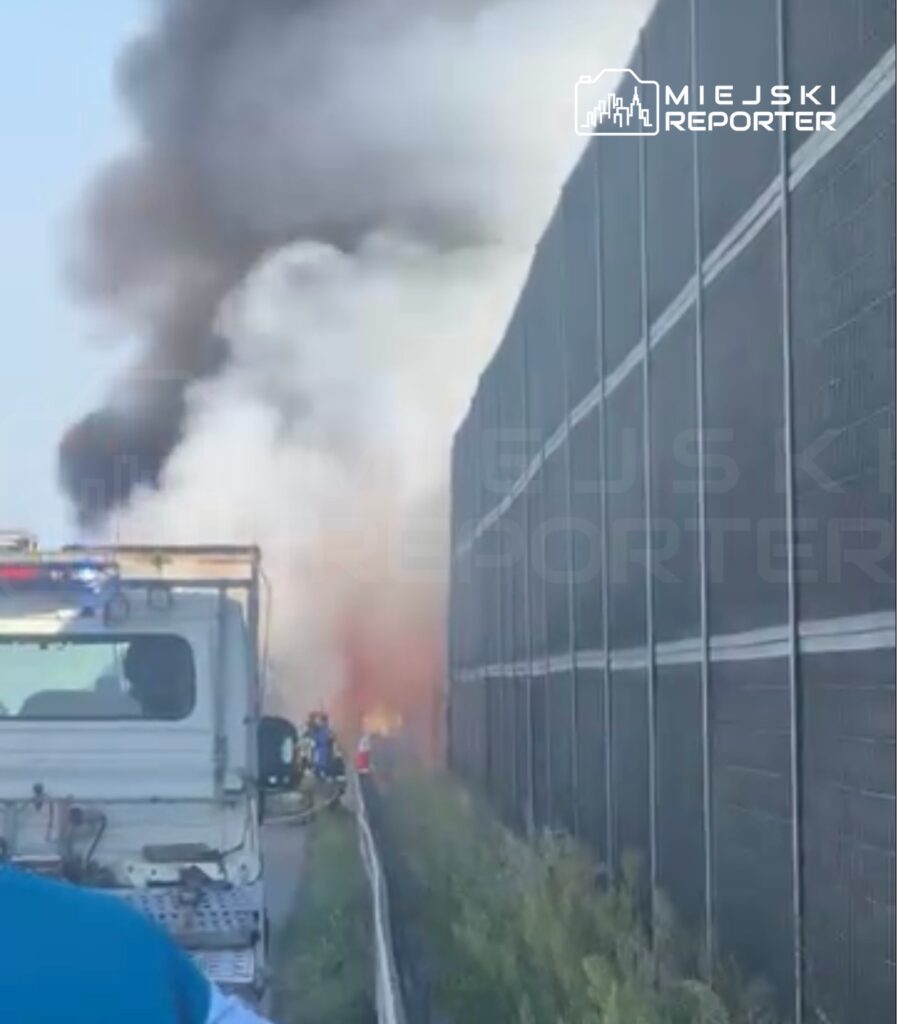 Dym i ogień wydobywające się z terenu przydrożnego, obok strażaków w akcji gaszenia pożaru.