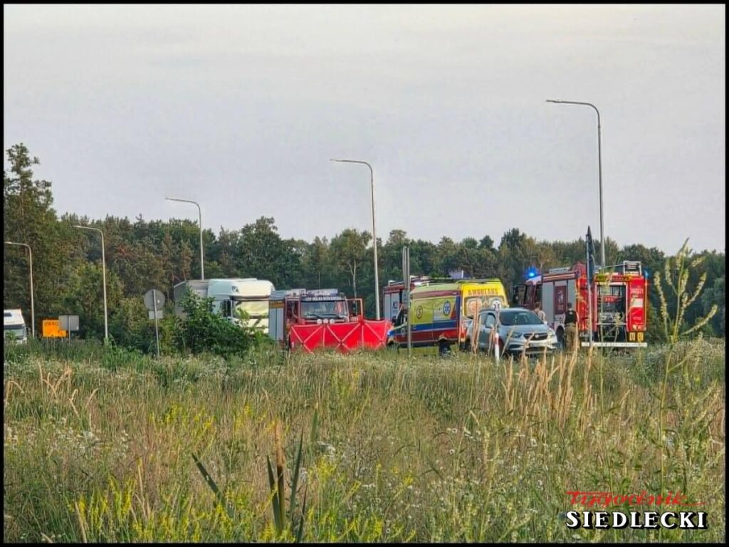 Na drodze znajdują się pojazdy służb ratunkowych, w tym karetka i wozy strażackie, z oznakowaniem w kolorze czerwonym. W tle widoczny jest zarośnięty teren.