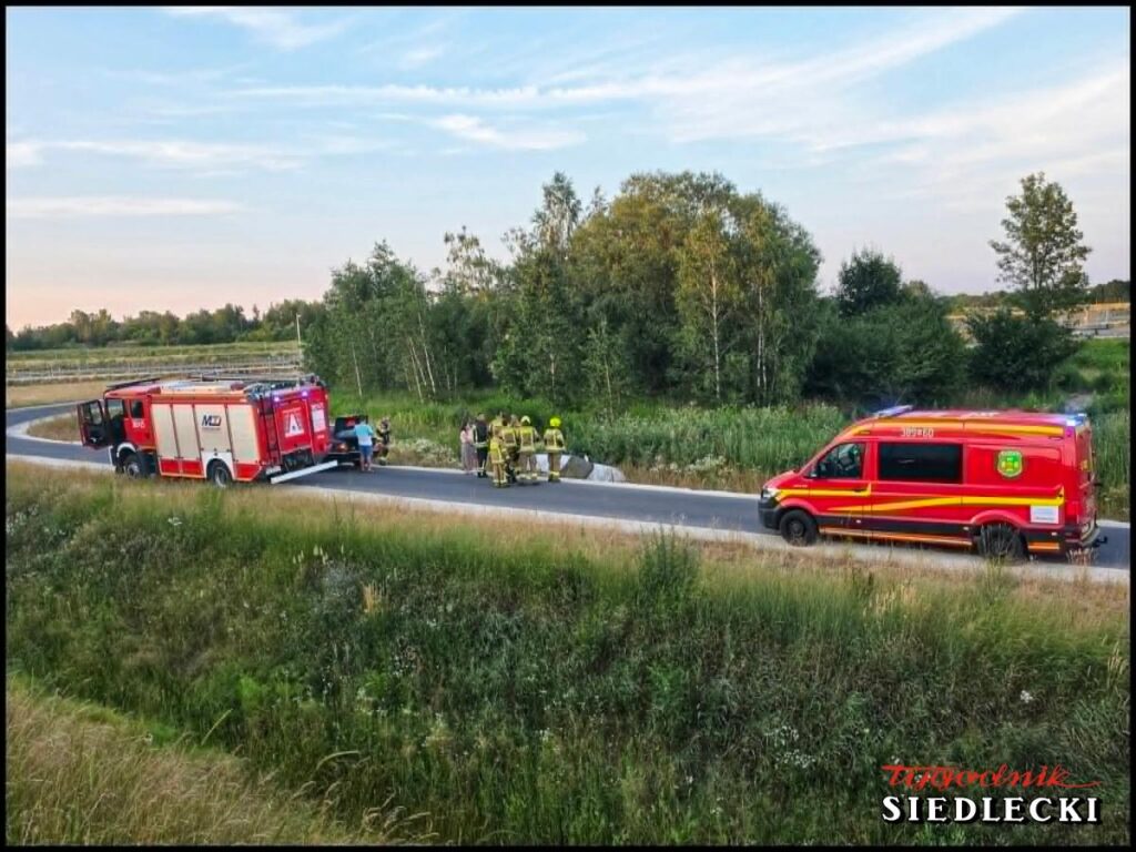 Grupa strażaków w odzieży ochronnej udziela pomocy przy drodze, obok stoi wóz strażacki i ambulans.