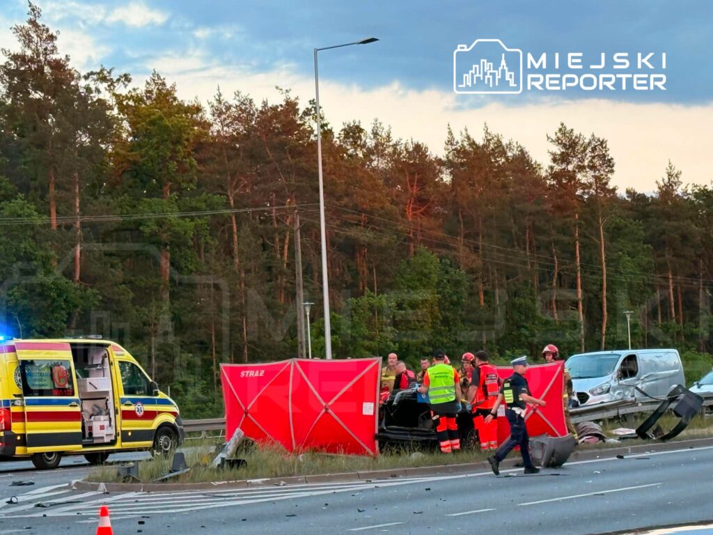 Zespół ratowników medycznych pracuje przy wypadku drogowym na trasie, obok uszkodzonych pojazdów i barierki.