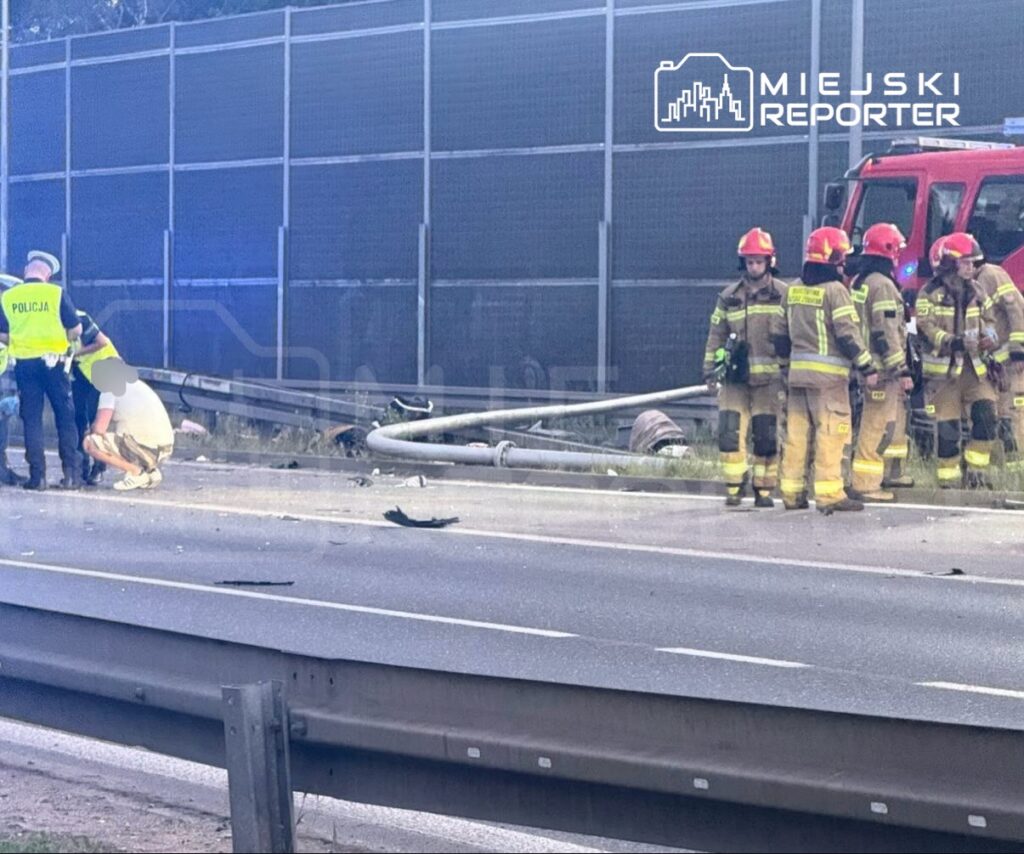 Policjant rozmawia z osobą siedzącą na poboczu drogi, obok grupy strażaków w mundurach, przy przewróconym słupie.
