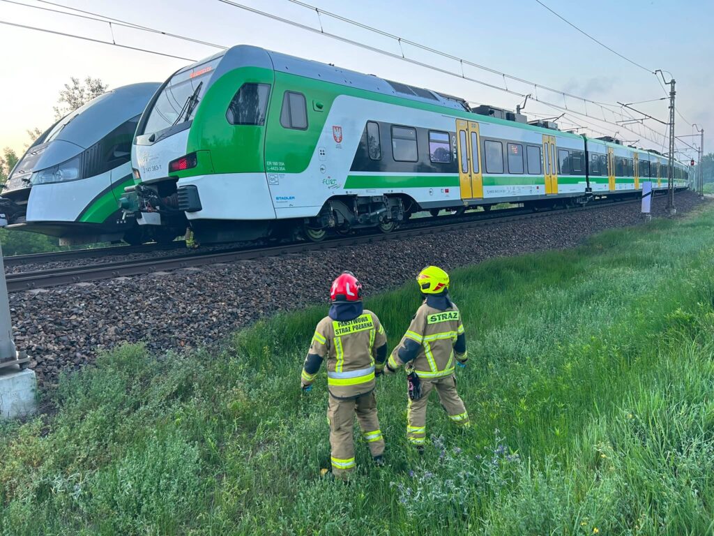 Dwaj strażacy w mundurach obserwują pociągi stojące na torach w otoczeniu zielonej trawy.
