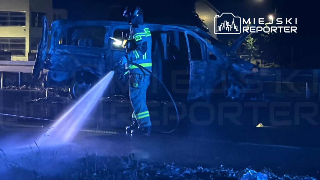 Strażak w mundurze gaśniczym polewa wodą spalone auto na drodze w nocy.