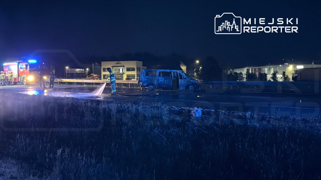Strażak w mundurze gasi płonący wrak samochodu na drodze, obok stoi wóz strażacki z włączonymi sygnałami świetlnymi.