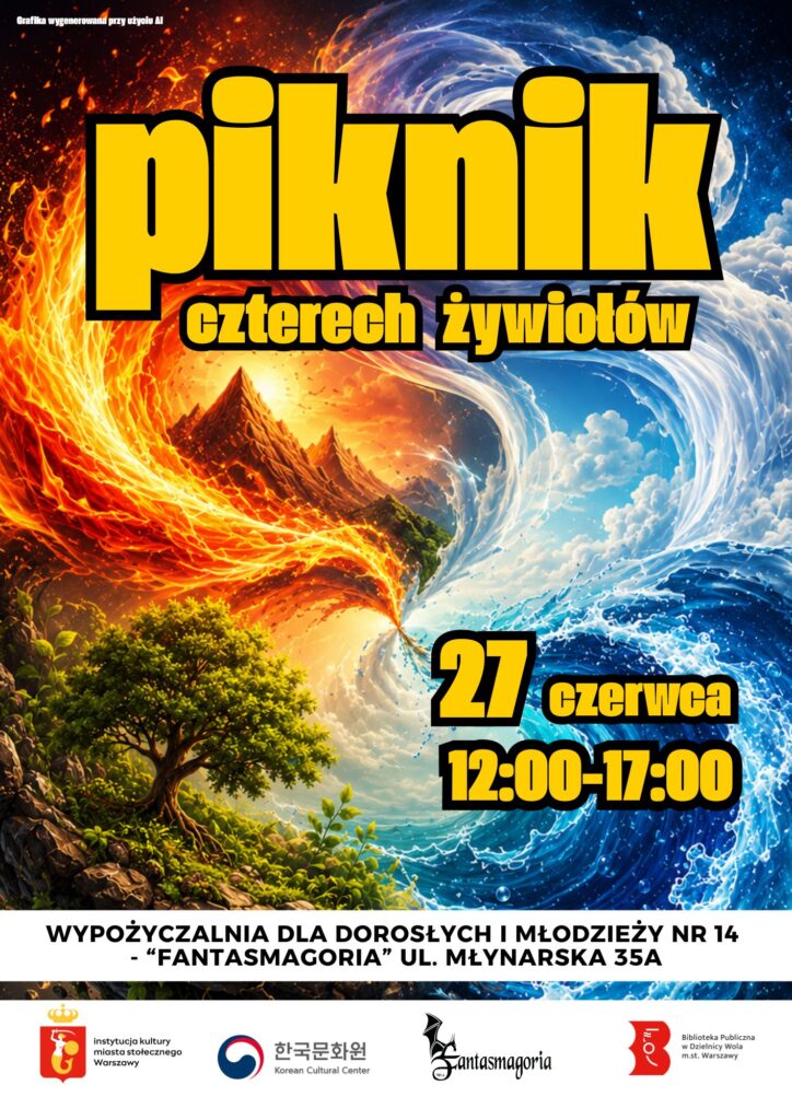 Plakat promujący piknik "czterech żywiołów" z datą 27 czerwca i godzinami 12:00-17:00, w tle artystyczne przedstawienie żywiołów.