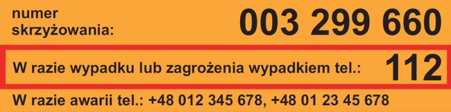 Numer skrzyżowania z informacją o telefonach alarmowych, w tym numer 112 dla zagrożeń.