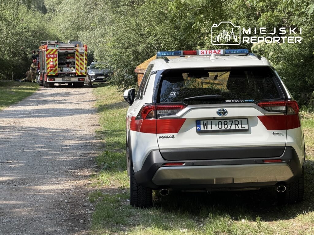 Pojazd straży pożarnej oraz samochód osobowy zaparkowane na leśnej drodze, w tle widoczni strażacy w akcji.