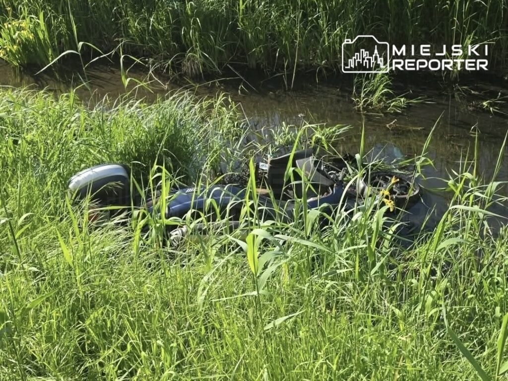 Zatopiony pojazd w zaroślach przy brzegu strumienia, otoczony wysoką trawą.