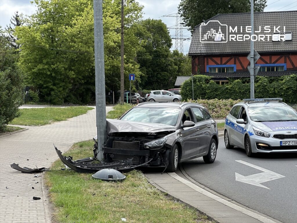 Samochód osobowy z uszkodzoną przednią częścią stoi przy latarni, obok policyjny radiowóz.