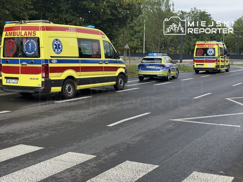Zespół ratownictwa medycznego oraz radiowóz policyjny stoją na drodze, w tle widoczne drzewa.