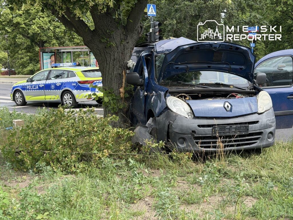 Zniszczony niebieski samochód osobowy zaparkowany przy drzewie, obok policyjny radiowóz na ulicy.