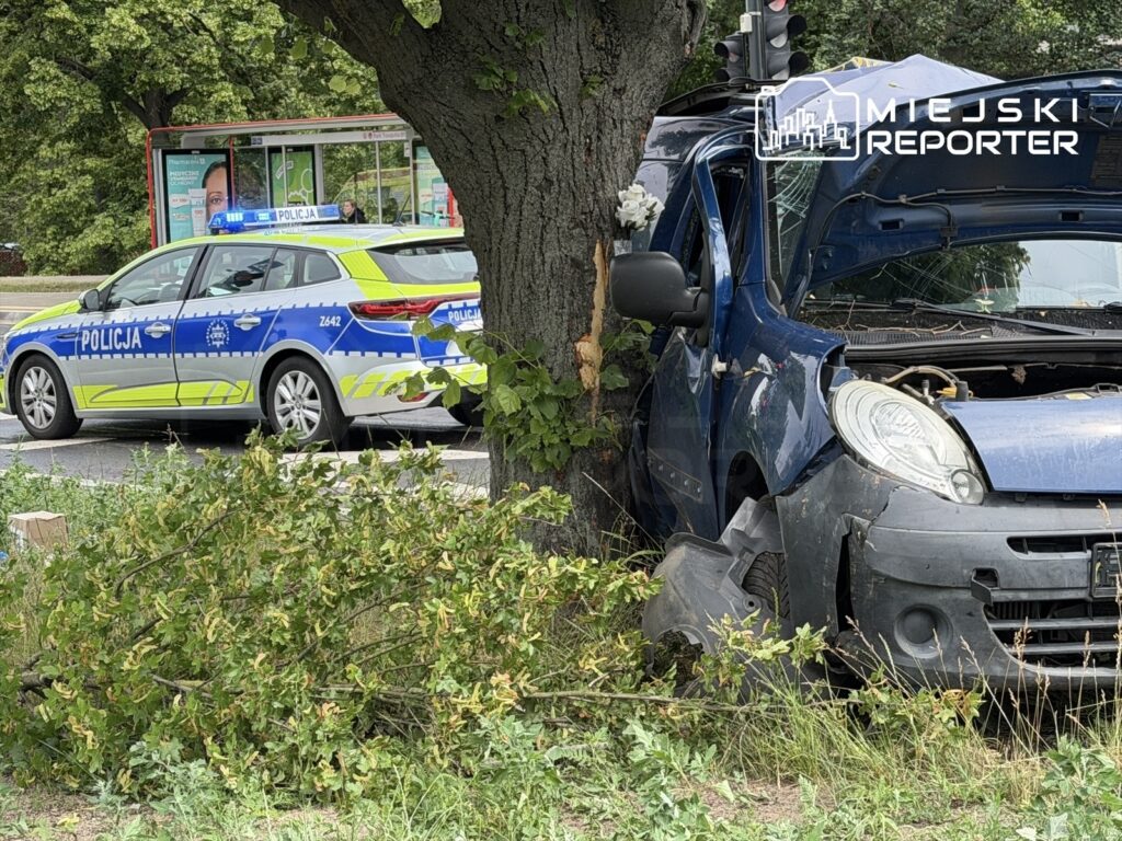 Nieoznakowany radiowóz policyjny stoi obok rozbitego niebieskiego samochodu, który uderzył w drzewo.