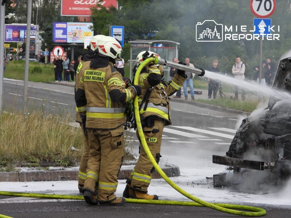 Strażacy w uniformach gaszą pożar wraku samochodu na poboczu drogi, w tle widoczni przechodnie i reklamy.
