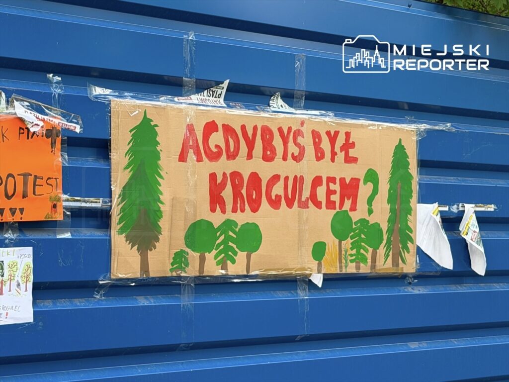 Protestowy transparent z napisem „AGDYBYŚ BYŁ KROGULCEM?” zawieszony na niebieskiej ścianie, otoczony zielonymi rysunkami drzew.