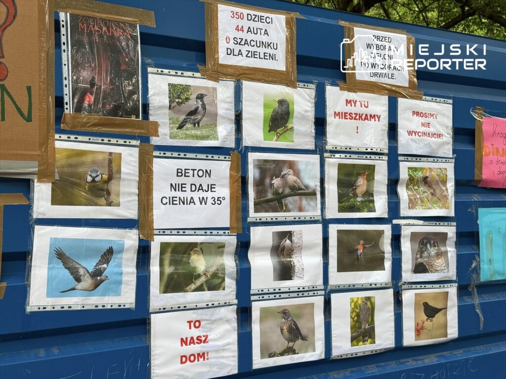 Na niebieskiej ścianie umieszczone są plakaty z zdjęciami ptaków oraz hasłami protestacyjnymi, takimi jak "BETON NIE DAJE CIENIA W 35°" i "TO NASZ DOM!".