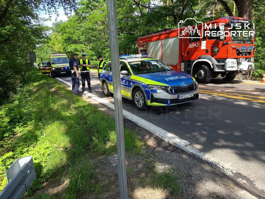 Grupa policjantów rozmawia obok radiowozu na drodze, w tle karetka i wóz strażacki w otoczeniu zieleni.