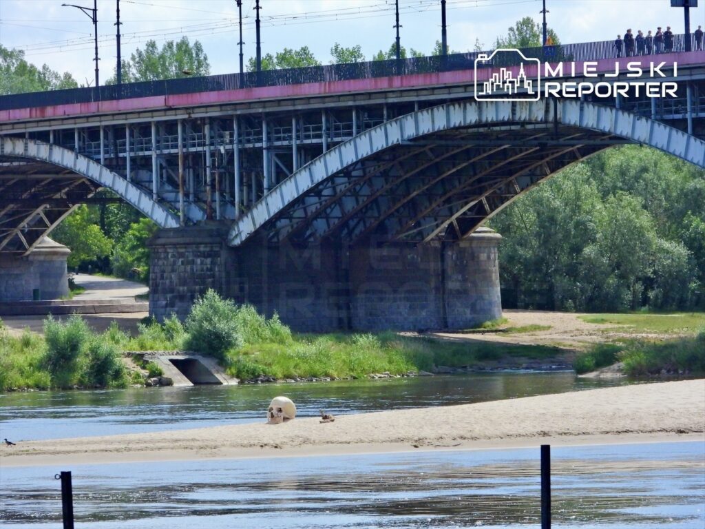 Na piaszczystej wyspie w rzece leży duża czaszka, a nad nią widać most z przechodzącymi ludźmi.