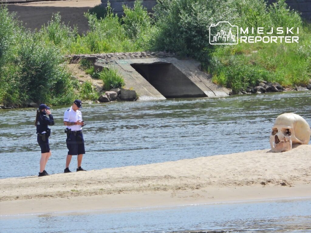 Policjanci na plaży rozmawiają przez telefon i przeglądają notatki obok dużej czaszki leżącej na piasku.