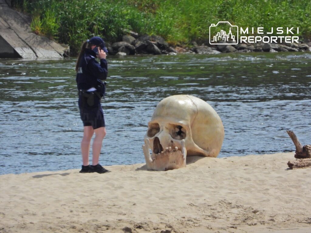 Kobieta w mundurze policji rozmawia przez telefon obok dużej czaszki na plaży nad rzeką.