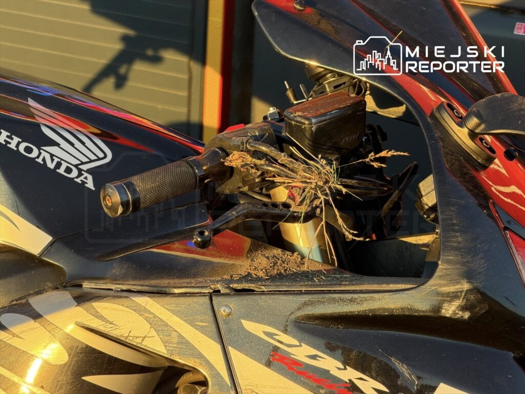 Motocykl marki Honda z zanieczyszczonym kierownicą, na której rosną chwasty i osad z piasku.