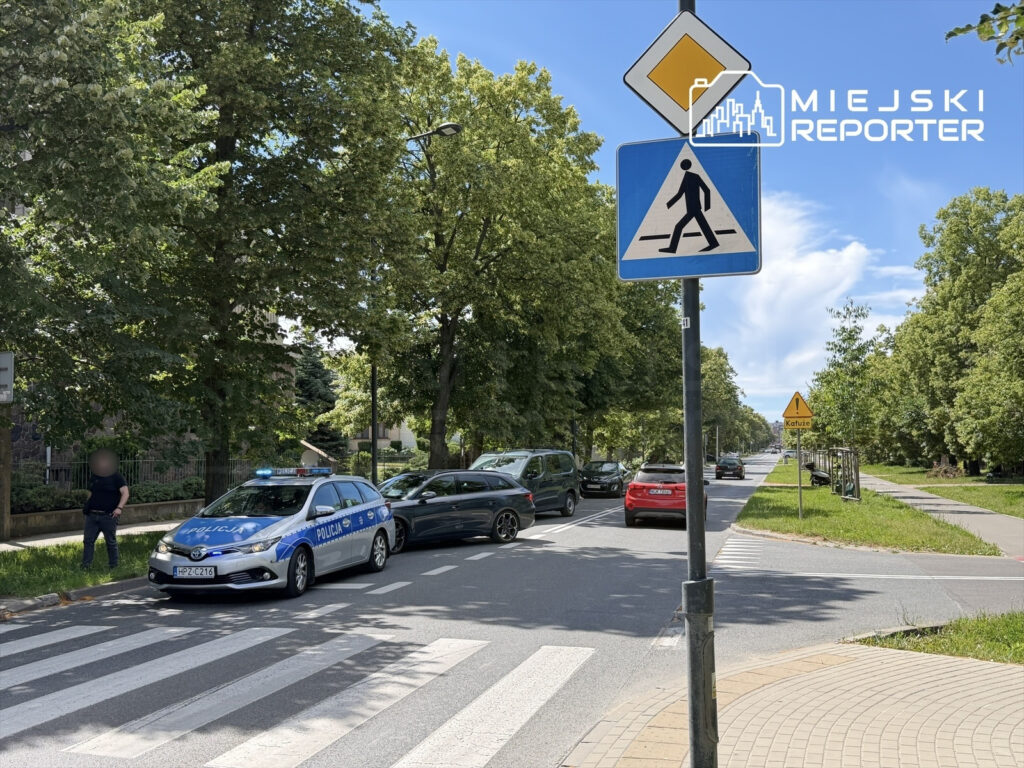 Policyjny radiowóz zatrzymany przy przejściu dla pieszych, obok stoi funkcjonariusz w mundurze. W tle ruch uliczny.