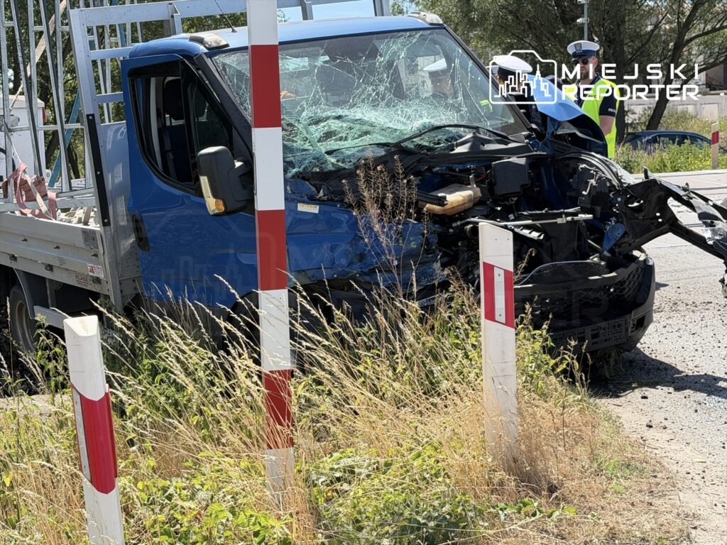 Niebieski samochód dostawczy z uszkodzoną przednią częścią stoi na poboczu drogi, otoczony wysoką trawą.