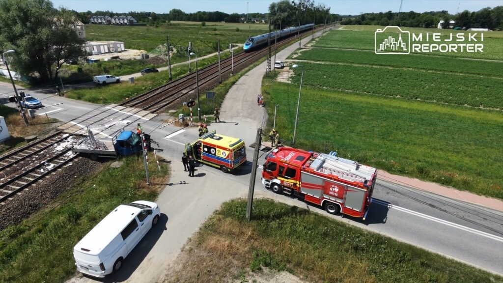Na przejeździe kolejowym stoi uszkodzony pojazd, obok pracują strażacy i ratownicy medyczni. W tle przejeżdża pociąg.