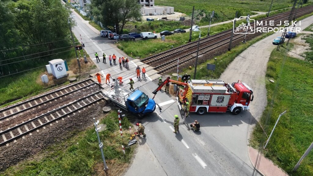 Grupa strażaków i ratowników pracuje przy wypadku drogowym obok torów kolejowych, gdzie niebieski samochód uderzył w zapory.