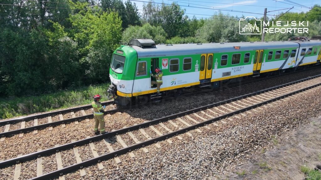 Pracownik w kamizelce odblaskowej sprawdza pociąg na torach, obok rosną drzewa i krzewy.