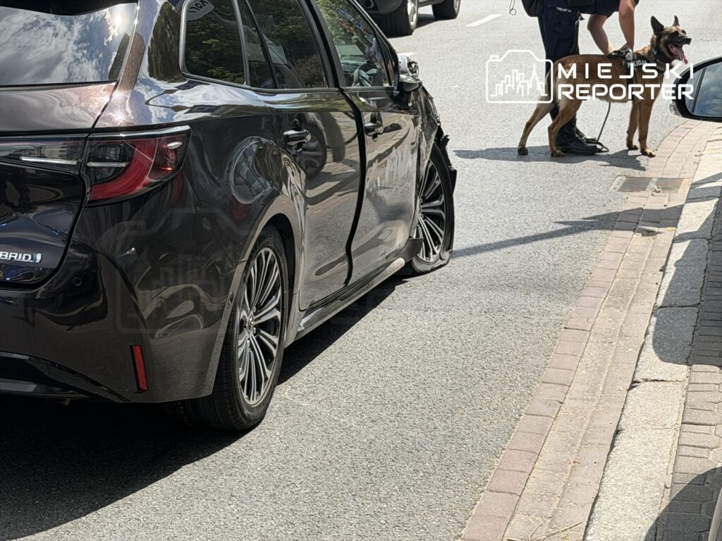Czarny samochód osobowy z uszkodzoną tylną częścią stoi na ulicy, obok policjant z psem.