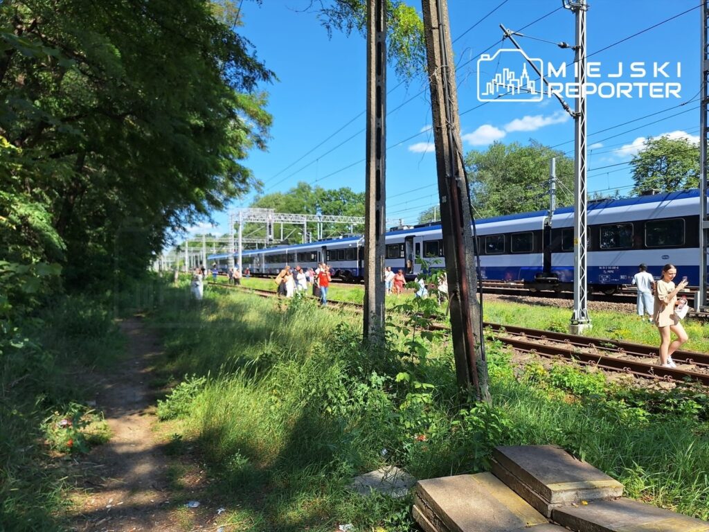 Grupa osób czeka na peronie obok torów kolejowych, w otoczeniu zieleni i drzew, w słoneczny dzień.
