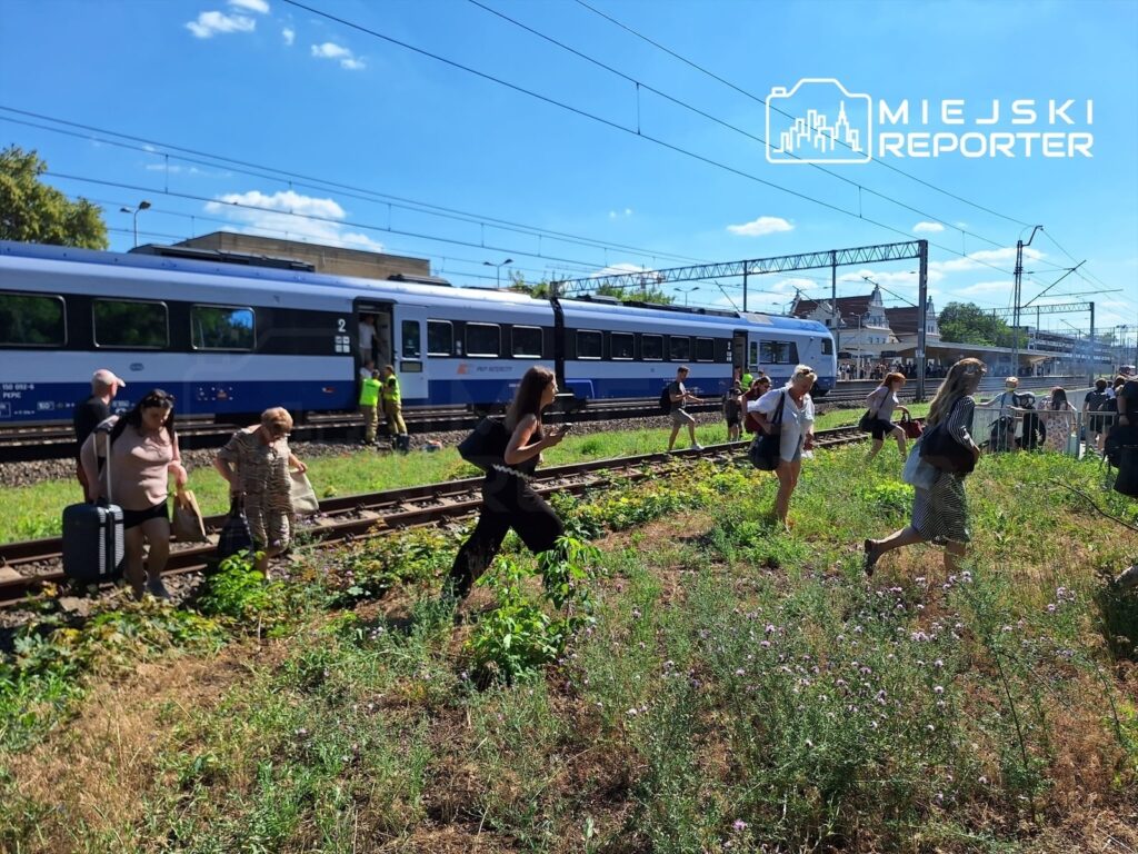 Pasażerowie wychodzą z pociągu i przechodzą przez trawnik obok torów kolejowych w słoneczny dzień.
