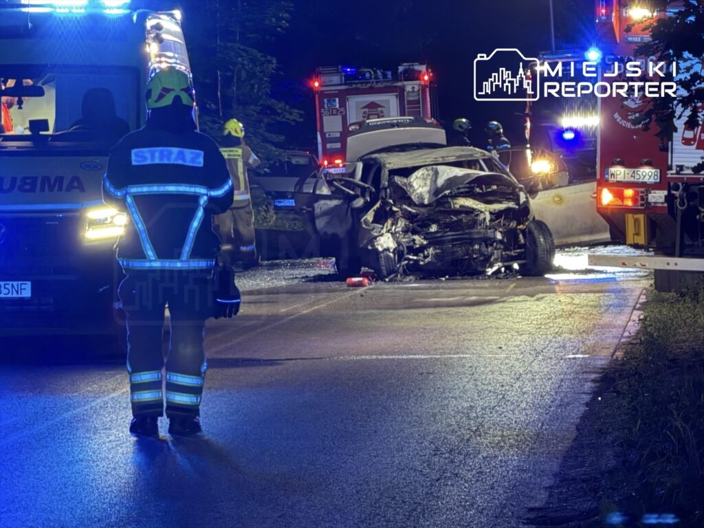 Ratownik w mundurze strażackim obserwuje zniszczony samochód na drodze, obok stoją karetka i wóz strażacki.