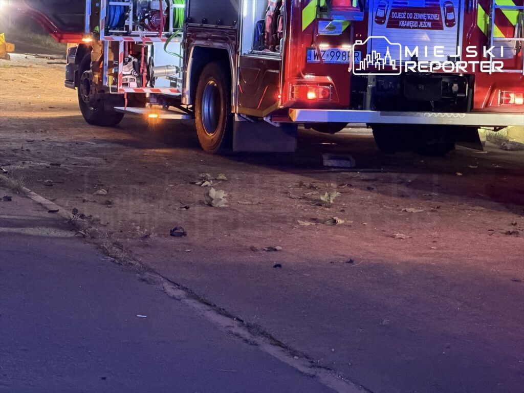 Czerwony wóz strażacki z włączonymi światłami awaryjnymi stoi na poboczu drogi, otoczony opadłymi liśćmi.