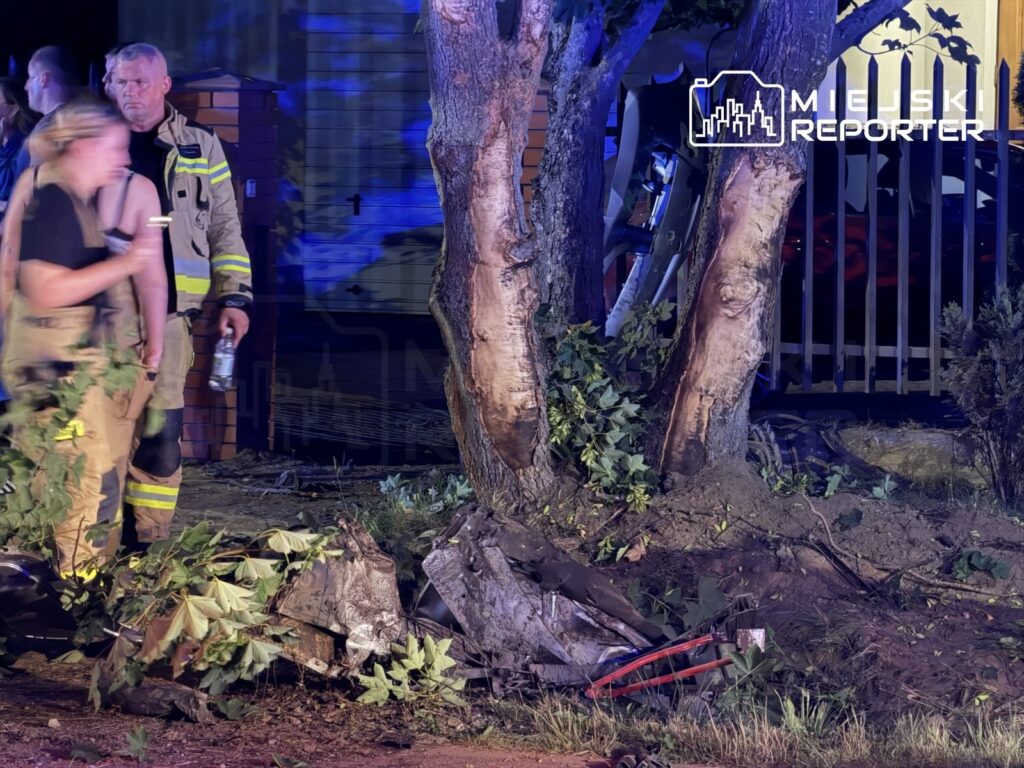 Grupa strażaków pracuje przy usuwaniu skutków wypadku samochodowego obok drzewa, w otoczeniu zniszczonego pojazdu.