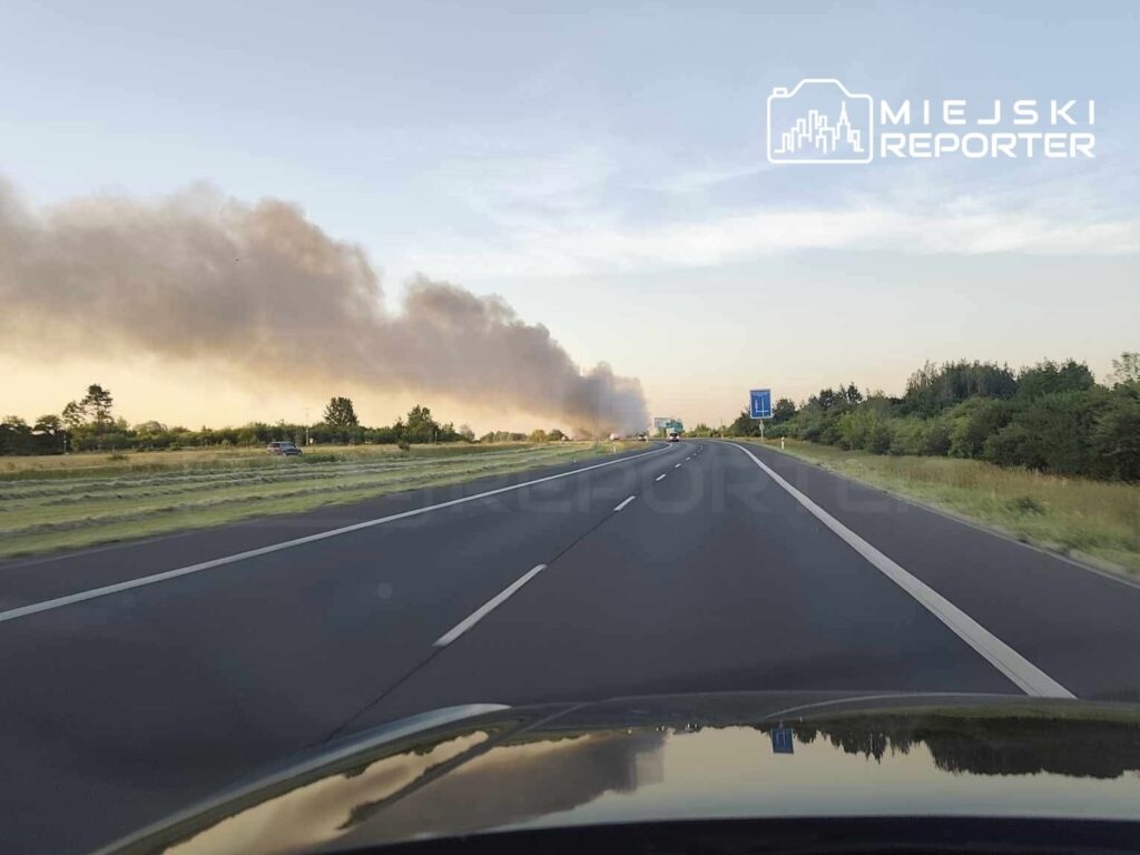 Gęsty dym unoszący się nad drogą, w tle widoczne samochody i zieleń po obu stronach jezdni.