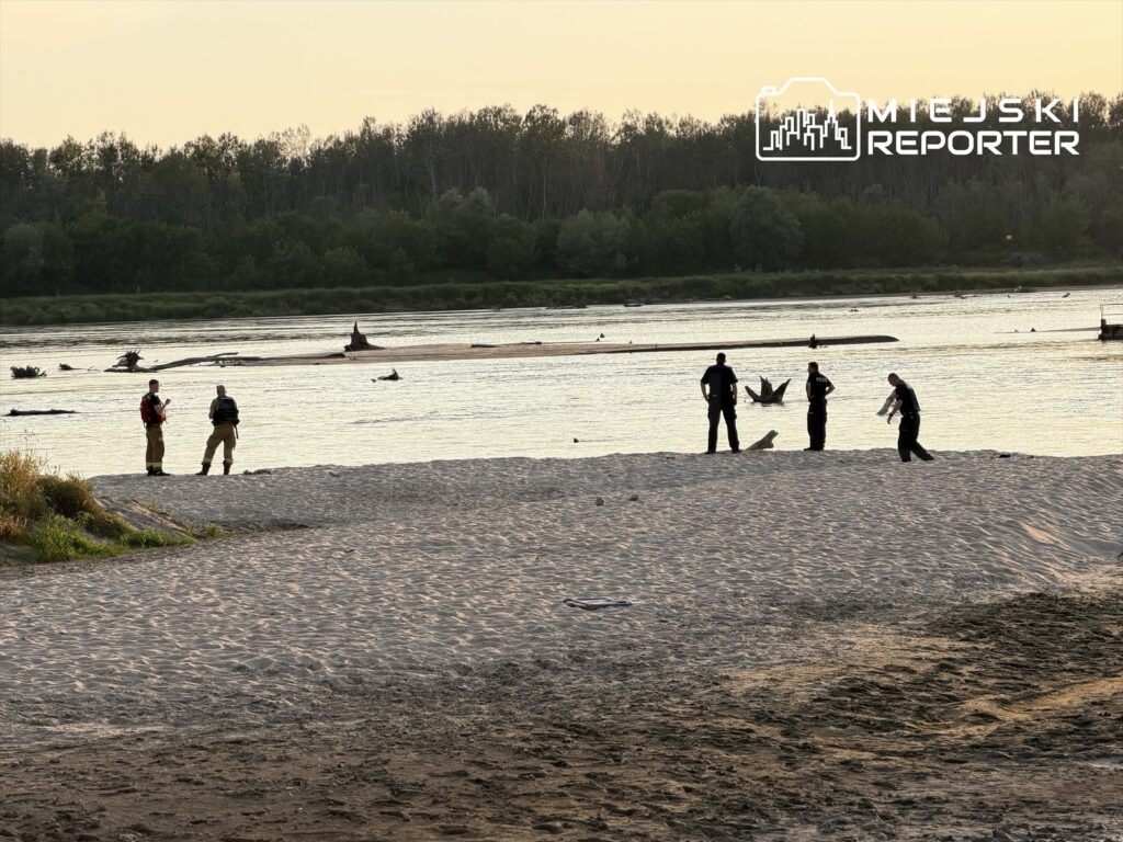 Grupa ratowników w kamizelkach na plaży, prowadząca działania poszukiwawcze w pobliżu rzeki.