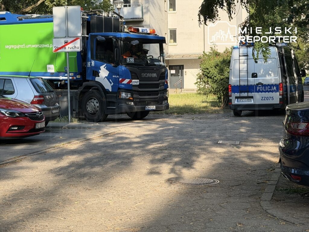 Na ulicy zaparkowane są samochody osobowe, obok nich stoi niebieski pojazd policyjny oraz zielony samochód do segregacji odpadów.