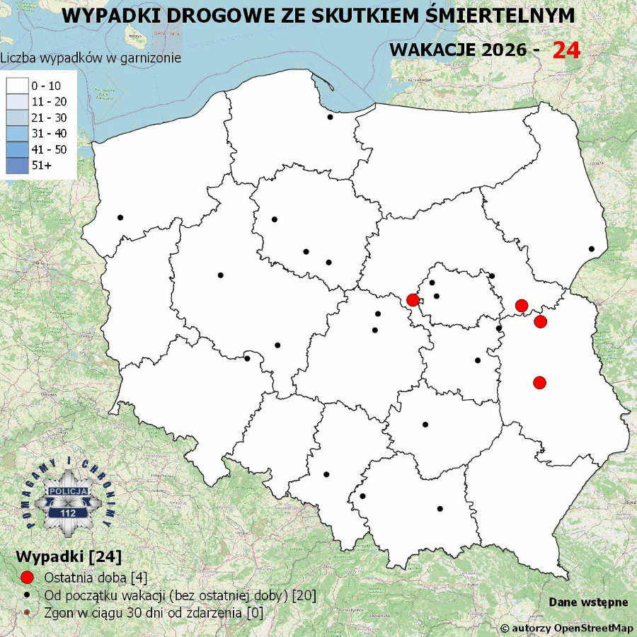 Mapa przedstawiająca wypadki drogowe ze skutkiem śmiertelnym w Polsce, z oznaczeniem miejsc zdarzeń.