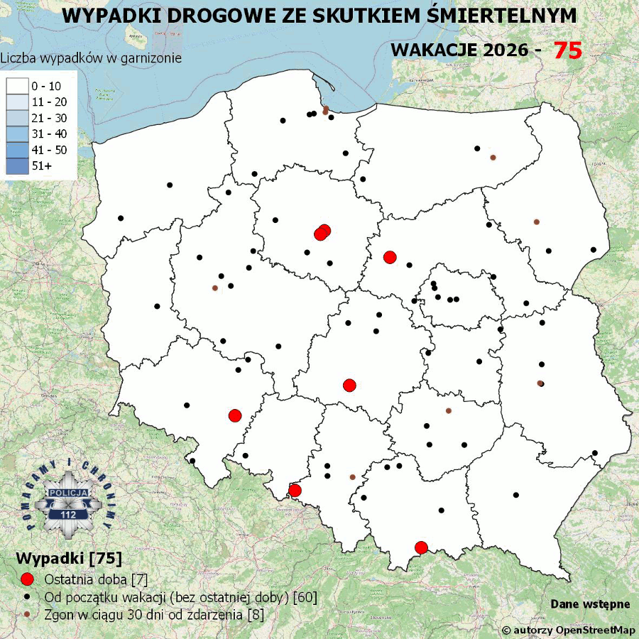 Mapa przedstawiająca wypadki drogowe ze skutkiem śmiertelnym w Polsce podczas wakacji 2026, z oznaczeniami miejsc zdarzeń.