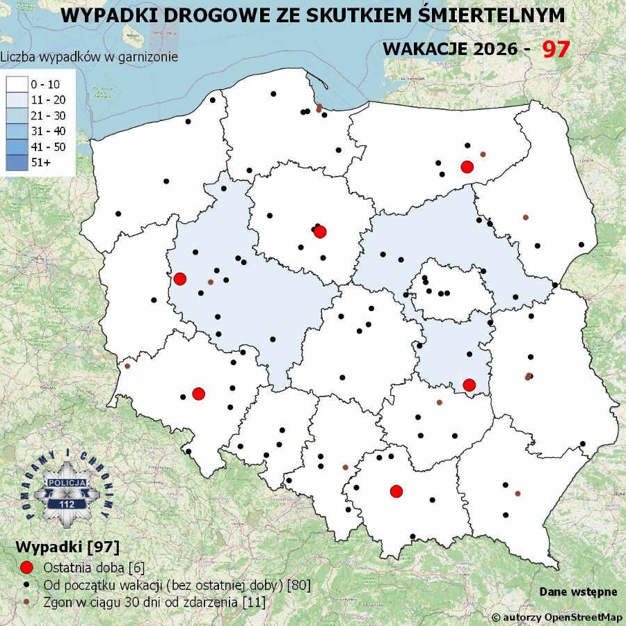 Mapa przedstawiająca wypadki drogowe ze skutkiem śmiertelnym w Polsce, z oznaczeniem lokalizacji zdarzeń.