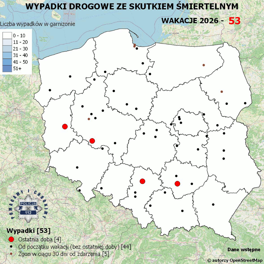 Mapa przedstawiająca rozkład wypadków drogowych ze skutkiem śmiertelnym w Polsce, z oznaczeniem lokalizacji zdarzeń.