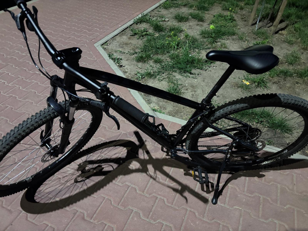 Czarny rower górski zaparkowany na chodniku w nocy, obok trawnika z niską roślinnością.