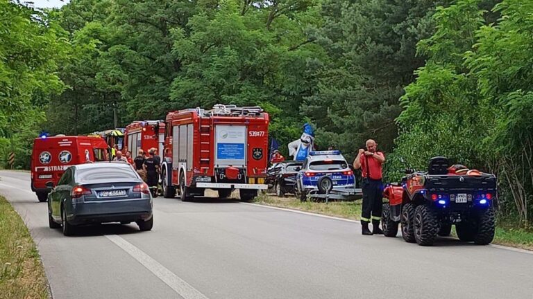 Ratownicy i policjanci pracują przy drodze, obok pojazdów straży pożarnej i radiowozów, otoczeni przez zieleń.
