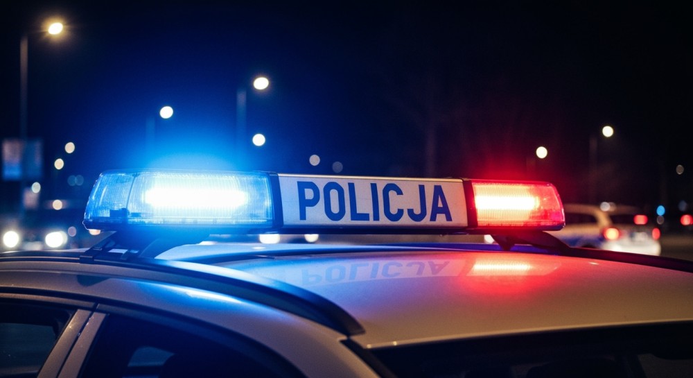 Nieoznakowany radiowóz policyjny z włączonymi niebieskimi i czerwonymi sygnałami na nocnej ulicy.