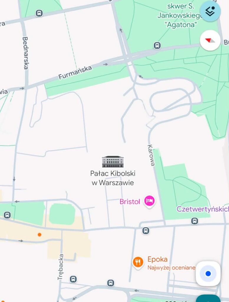 Mapa przedstawiająca okolice Pałacu Kilińskiego w Warszawie, z oznaczeniem ulic i punktów usługowych.