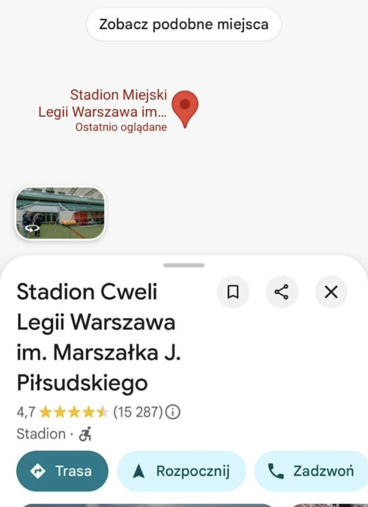 Widok na informacje o Stadionie Miejskim, w tym lokalizację i oceny, w aplikacji mapowej.