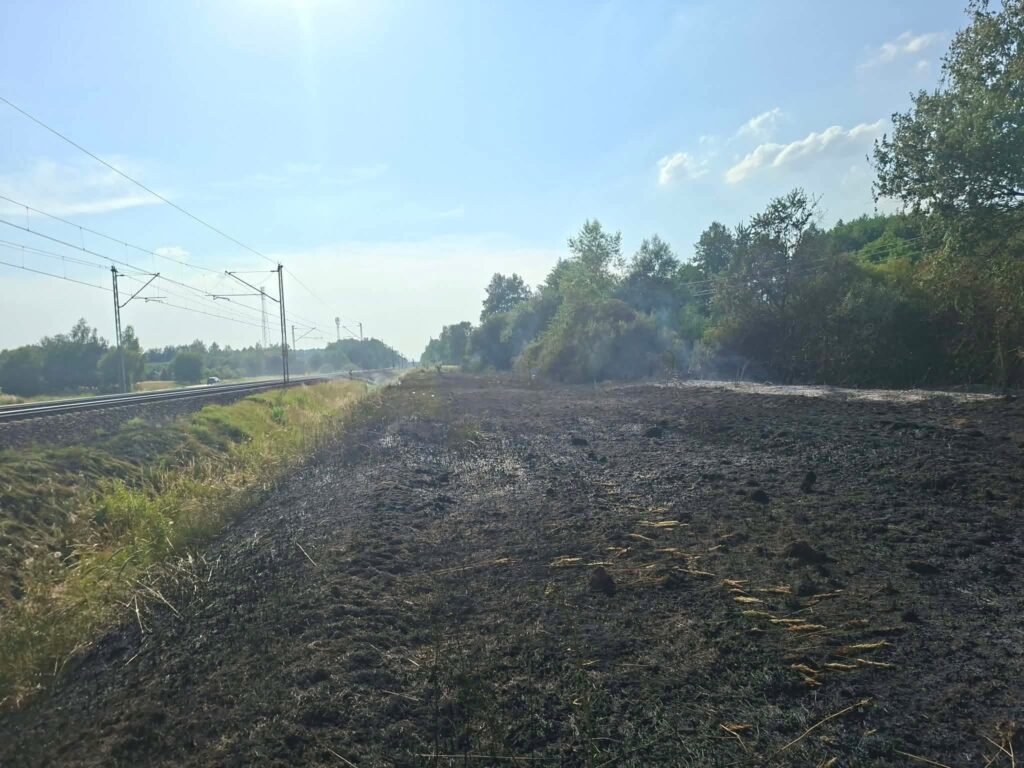 Spalona powierzchnia terenu przy torach kolejowych, z dymem unoszącym się w powietrzu.