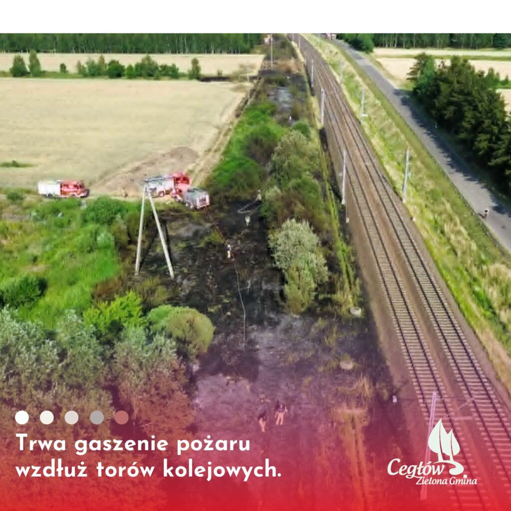 Strażacy gaszą pożar wzdłuż torów kolejowych, otoczeni przez spalone zarośla i pola.